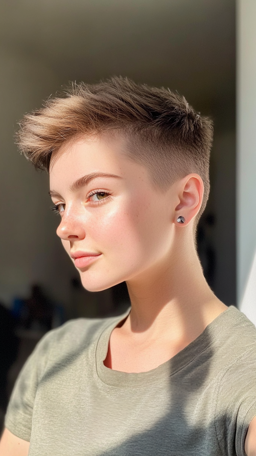 Person with a Faux Hawk hairstyle, wearing a light green shirt and stud earrings, looking to the side.