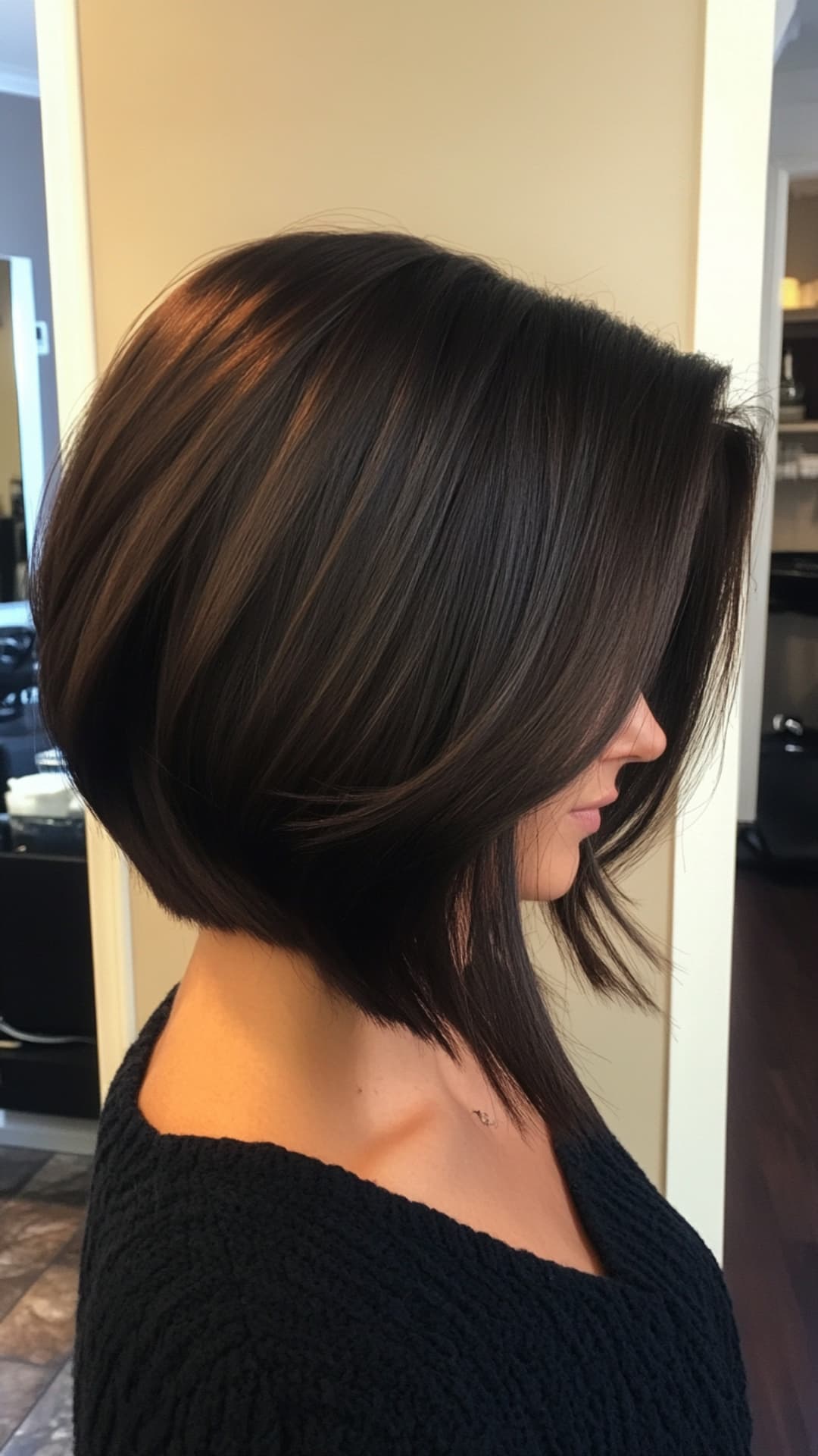A person with an Inverted Bob hairstyle, featuring smooth, dark hair with subtle highlights, side profile view in a salon setting.